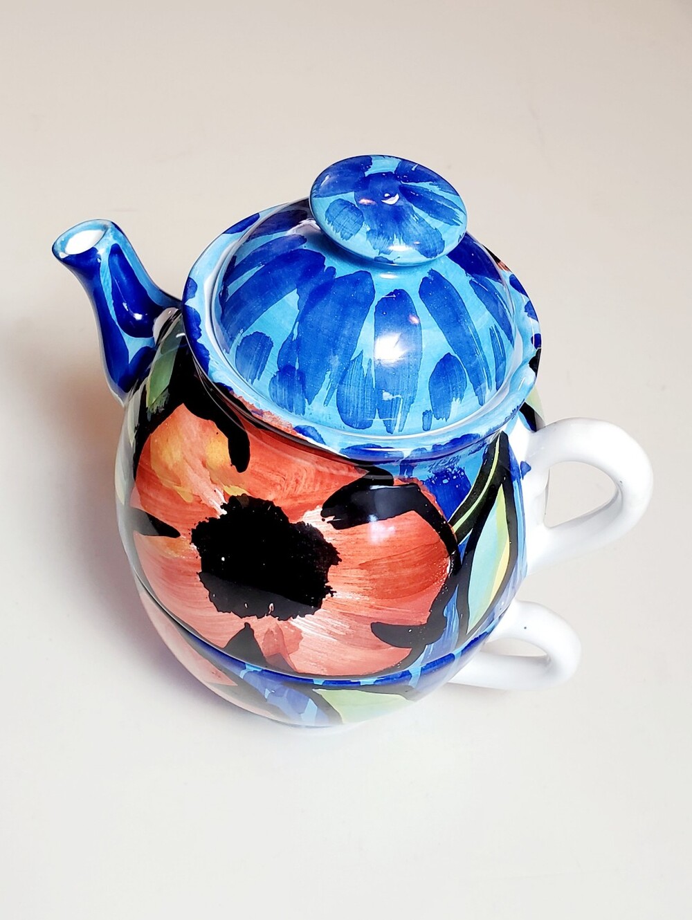 Vintage Handpainted Personal Teapot With Tea Cup Made In Italy